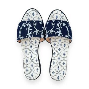 Hill House The City Slide in Navy Embroidery - Blue Floral Mule Sandals sz 41